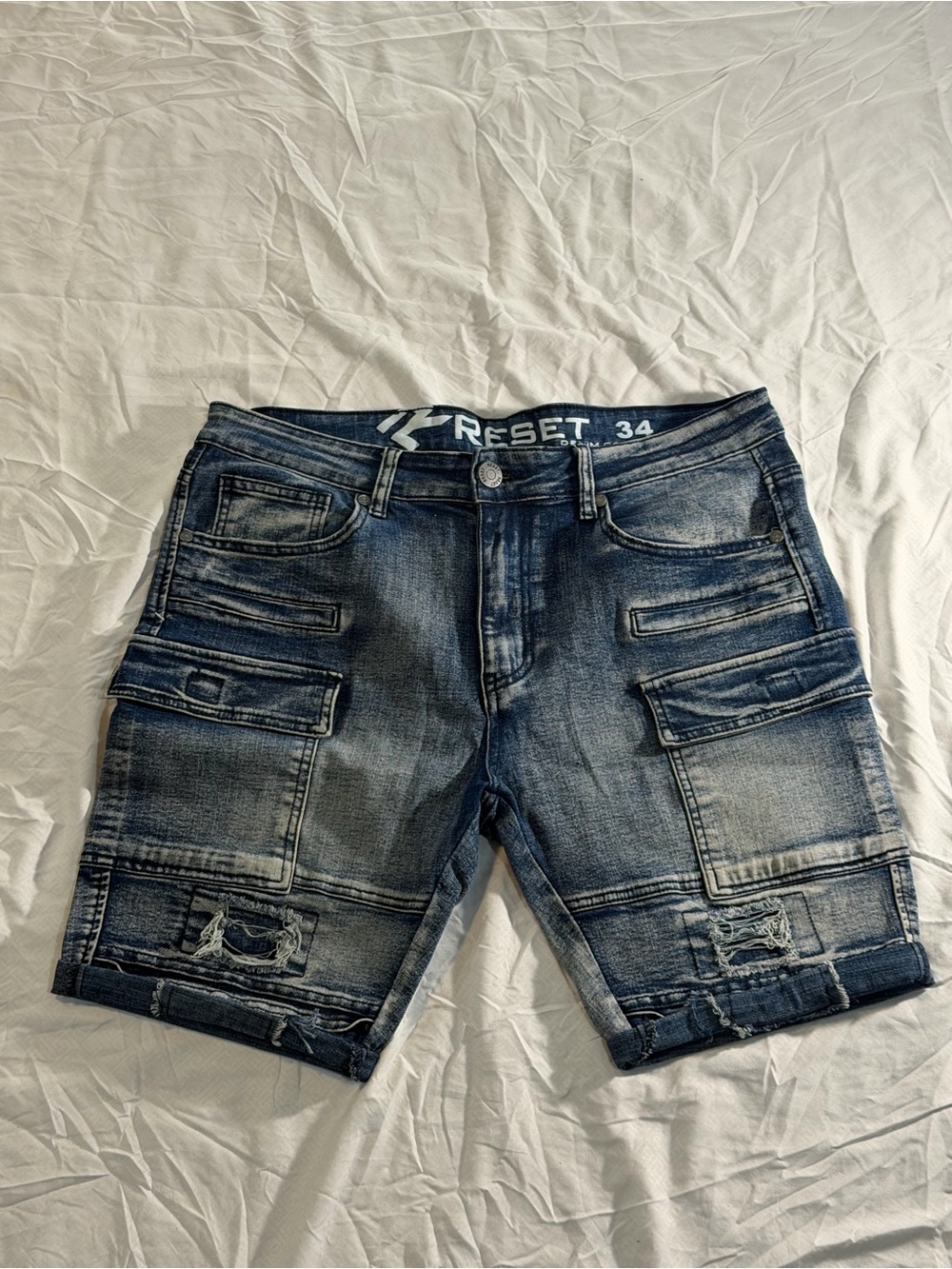 Men’s Distressed Denim Cargo Shorts - Blue